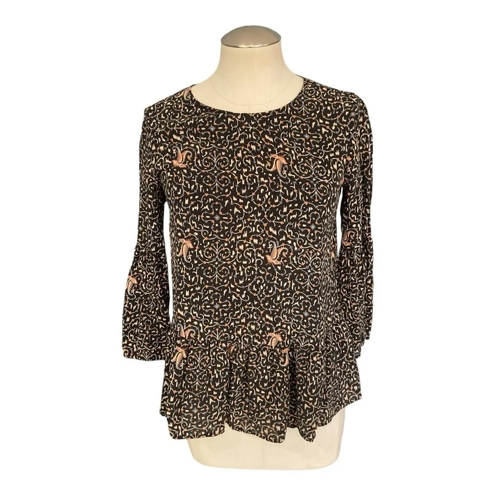 Madewell Silk Peplum Blouse Boho Print Long Sleeve XXS - Picture 2 of 6
